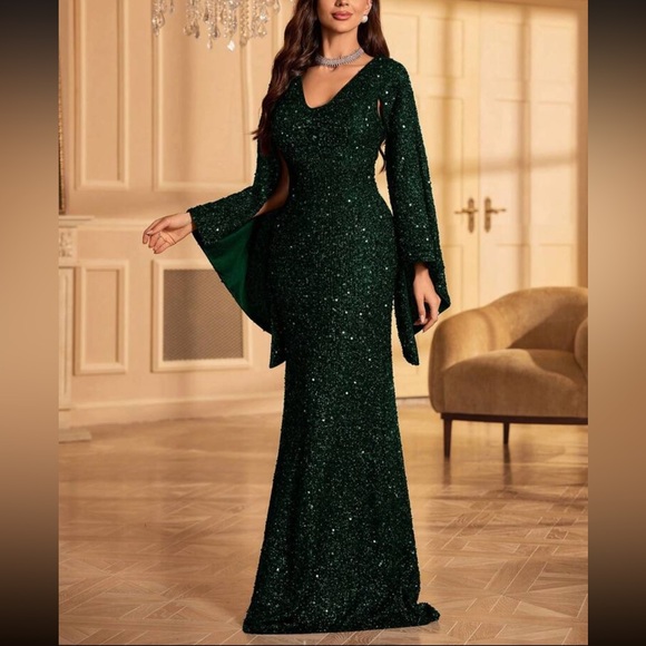 Luxe V neck champagne bell formal evening party prom wedding gown dress - Picture 12 of 15